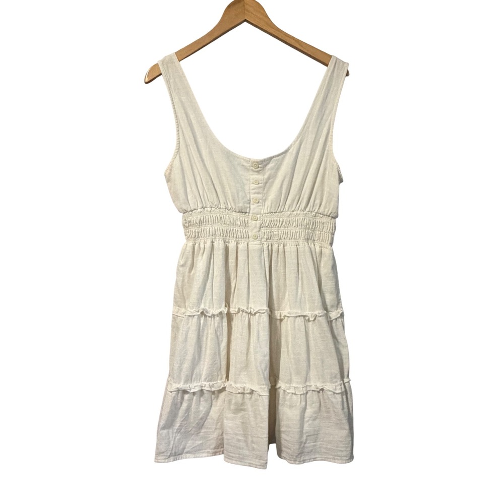 Urban Outfitters Cream Linen Blend Smocked Tiered Mini Dress Womens Large L-6